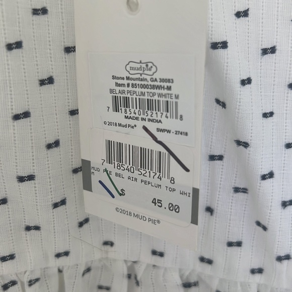 Mud Pie Bel Air Peplum Top with Navy Stitching - Sz Medium NWT - Picture 3 of 4